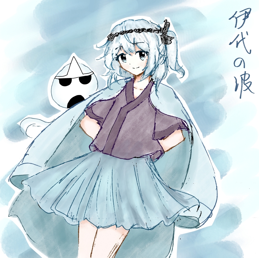 1other, absurdres, arms_behind_back, bare_arms, black_headband, black_ribbon, blue_background, blue_eyes