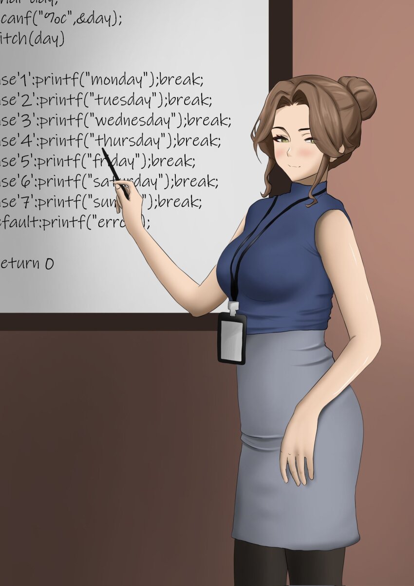 1girl, black_pantyhose, blue_shirt, blush, breasts, brown_eyes, brown_hair, chinese_commentary