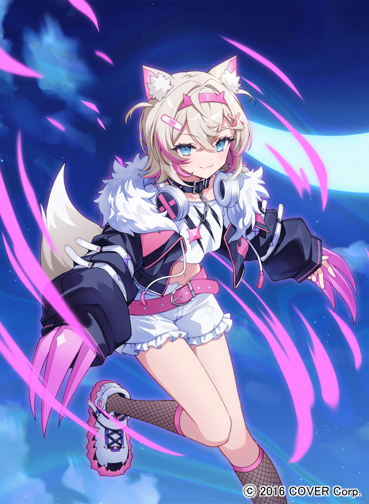 1girl, animal_collar, animal_ears, bandaid, bandaid_hair_ornament, belt, black_collar, black_jacket, blonde_hair, blue_eyes, brown_socks, chatsubaki, claw_(weapon), closed_mouth, collar, colored_shoe_soles, commentary_request, copyright_notice, crescent_moon, cropped_jacket, cropped_shirt, crossed_bangs, dog_ears, dog_girl, dog_tail, double-parted_bangs, fake_horns, fishnet_socks, fishnets, frilled_shorts, frills, fur-trimmed_jacket, fur_trim, hair_between_eyes, hair_intakes, hair_ornament, hairband, headphones, headphones_around_neck, hololive, hololive_english, horn_hairband, jacket, kneehighs, long_sleeves, looking_at_viewer, midair, midriff, mococo_abyssgard, mococo_abyssgard_(1st_costume), moon, multicolored_hair, navel, night, official_art, outdoors, pink_belt, pink_hair, pink_hairband, puffy_long_sleeves, puffy_sleeves, shirt, shoes, short_hair, short_shorts, shorts, smile, sneakers, socks, solo, spiked_collar, spikes, streaked_hair, tail, two_side_up, virtual_youtuber, weapon, white_shirt, white_shoes, white_shorts, x_hair_ornament