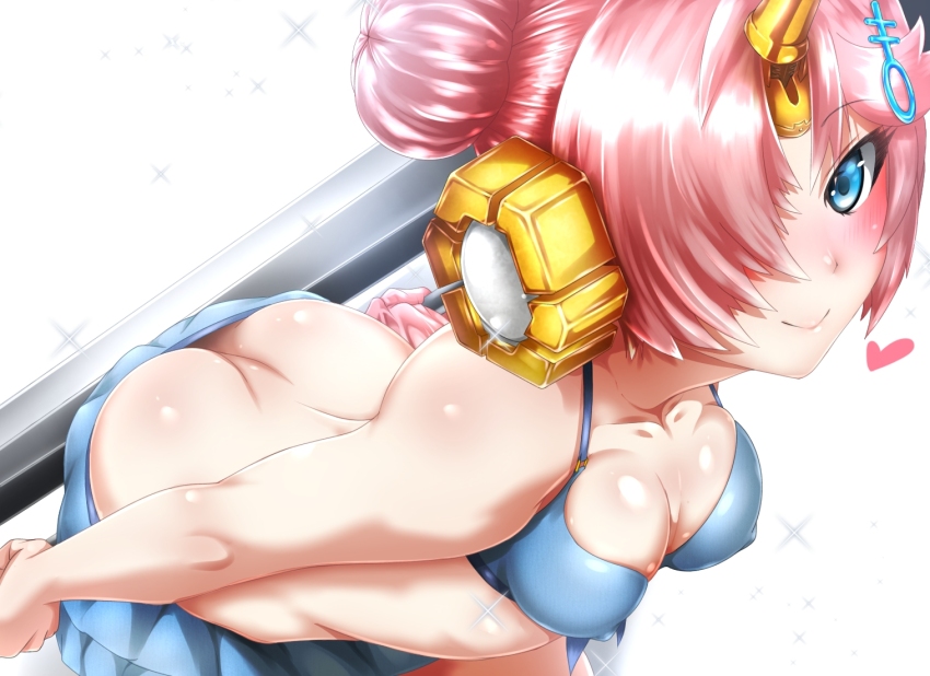 1girl, ass, bad_anatomy, bare_shoulders, bikini, blue_bikini, blue_skirt, blush