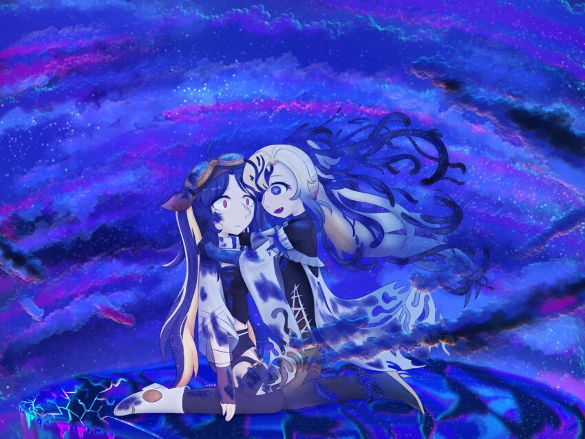 2girls, arcaea, blonde_hair, blue_eyes, blue_hair, cosmicirene, gloves, highres