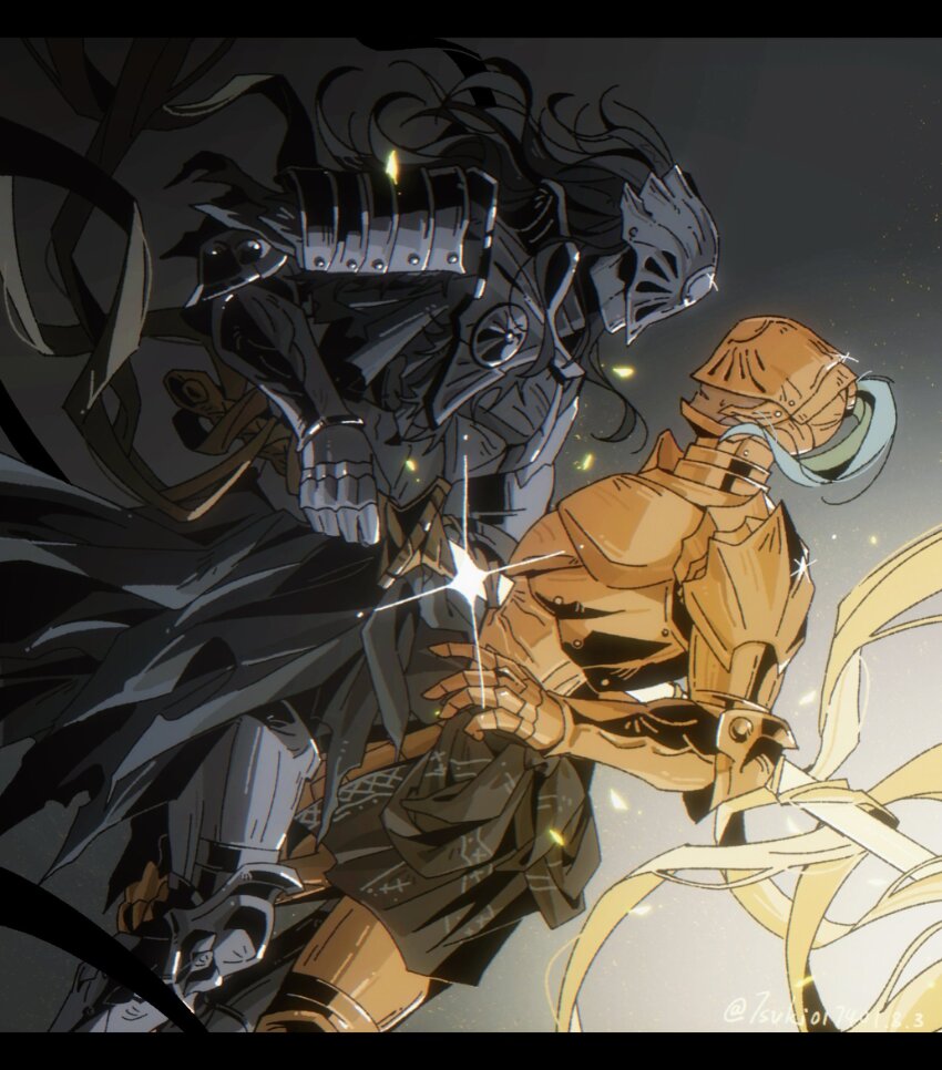 2boys, alternate_costume, armor, bandages, black_armor, black_hair, black_loincloth, blue_hair