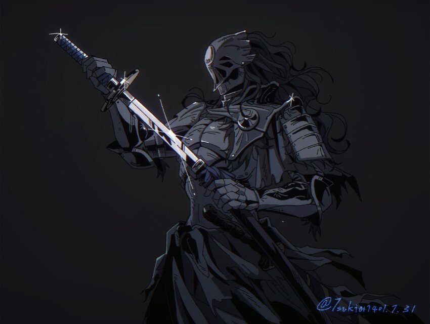 1boy, alternate_costume, arm_up, armor, black_armor, black_background, black_hair, black_loincloth, breastplate, cowboy_shot, elden_ring, elden_ring_nightreign, executor_(elden_ring), gauntlets, glint, hand_up, hashtag-only_commentary, helmet, highres, holding, holding_sword, holding_weapon, japanese_armor, katana, loincloth, long_hair, looking_to_the_side, male_focus, multiple_swords, official_alternate_costume, plume, scabbard, sheath, shoulder_armor, single_sode, sode, solo, standing, sword, unsheathing, vambraces, weapon, ya_ya_(jiling651)