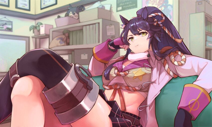 1girl, animal_ears, bandaid, bandaid_on_face, bandaid_on_nose, crossed_legs, highres, horse_ears, horse_girl, jacket, long_hair, narita_brian_(umamusume), open_clothes, open_jacket, shiotansushi, solo, umamusume, yellow_eyes