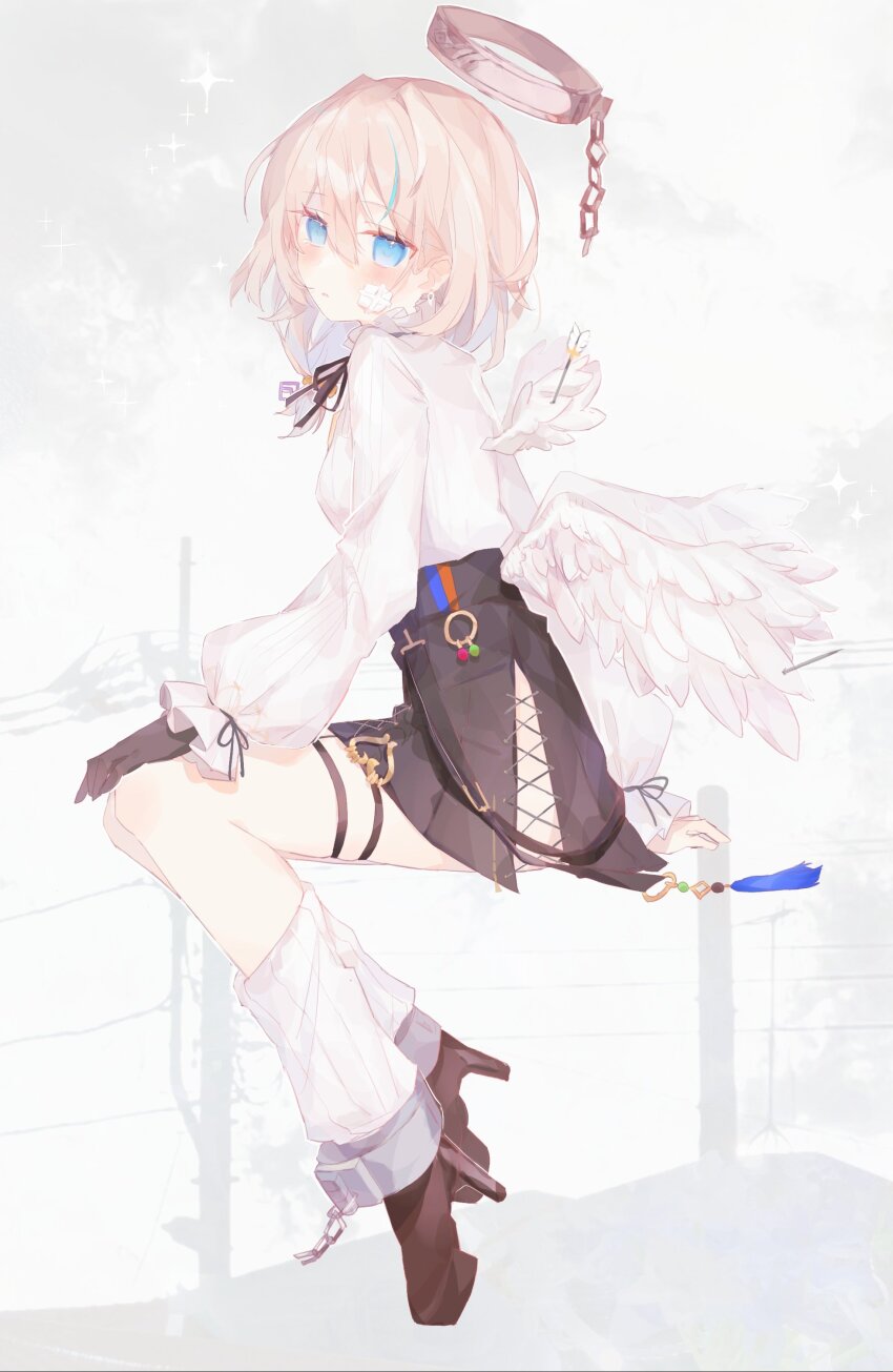 1girl, :o, absurdres, angel_wings, arcaea, ass_cutout, bandage_on_face, bandages