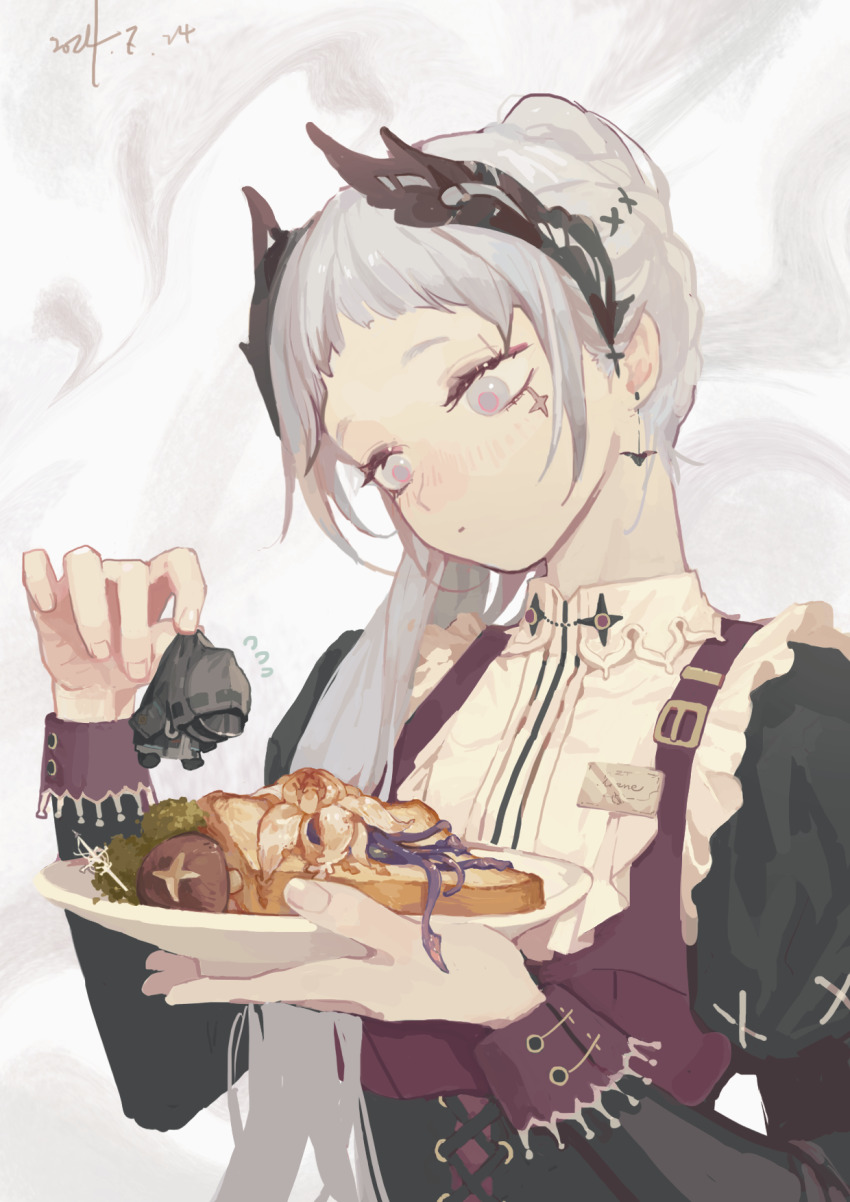 1girl, 1other, alternate_costume, apron, arknights, basin_sea_reaper_(arknights), black_coat, black_sleeves