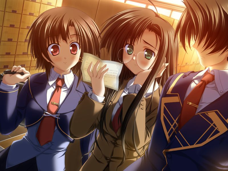 1boy, 2girls, akiiro_renka, black_hair, brown_eyes, brown_hair, evening, game_cg