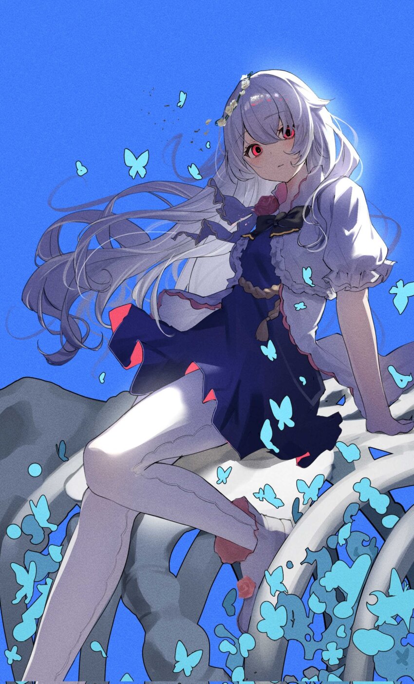 arcaea, black_bow, black_bowtie, black_dress, blue_butterfly, blue_eyes, boots, bow