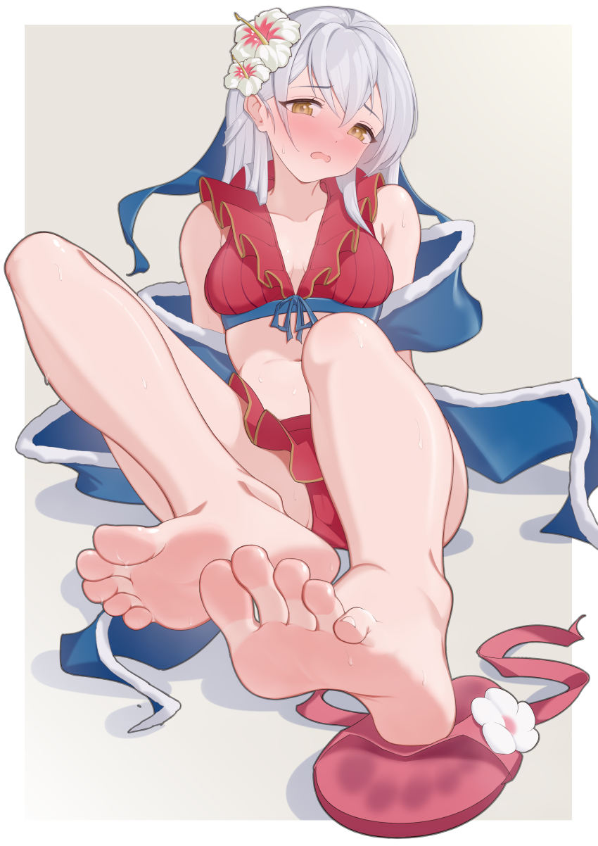 1girl, absurdres, barefoot, blush, dyamond, feet, fire_emblem, fire_emblem_heroes, flower, hair_flower, hair_ornament, highres, long_hair, looking_at_viewer, micaiah_(fire_emblem), micaiah_(wavecrest_maiden)_(fire_emblem), nintendo, open_mouth, sandals, shoes, single_shoe, soles, sweat, swimsuit, toes, unworn_shoes, white_hair, yellow_eyes