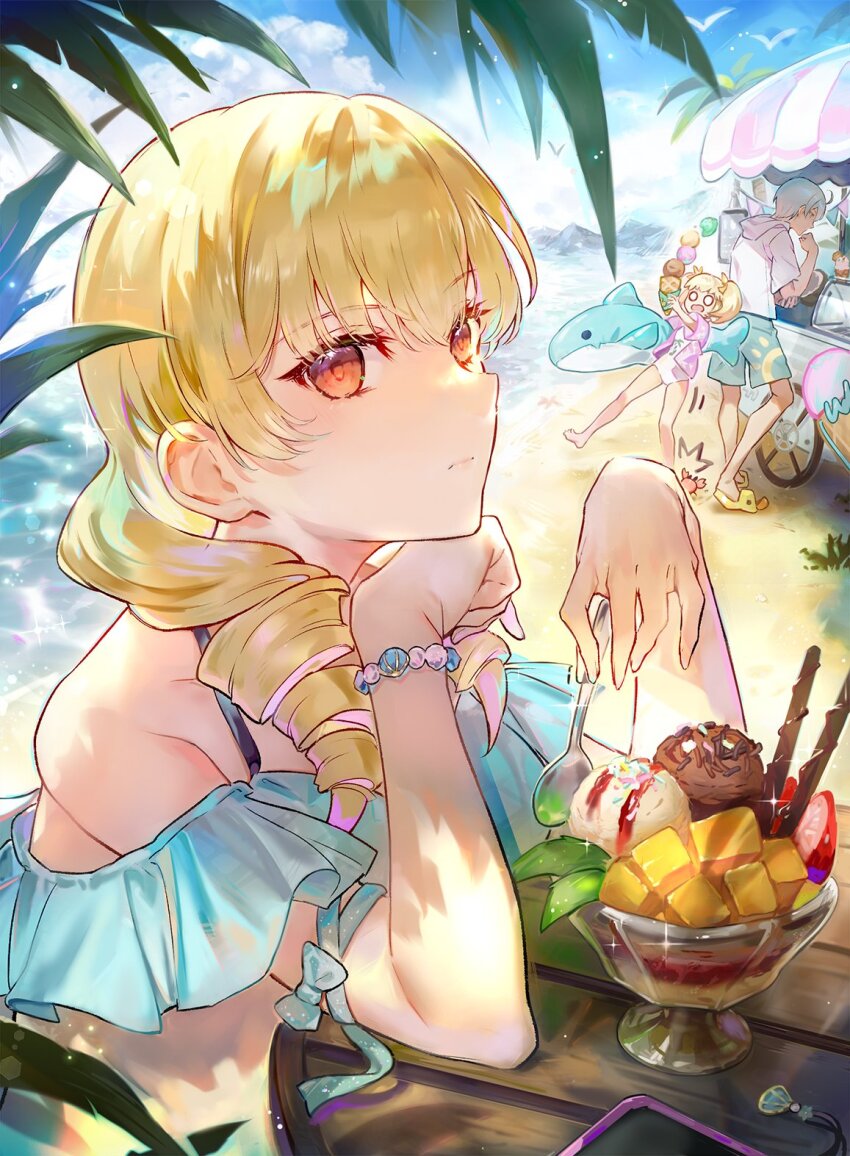 1boy, 2girls, alternate_costume, beach, blonde_hair, bracelet, crab, drill_hair, erika_wagner, food, hair_between_eyes, highres, holding, holding_spoon, ice_cream, ice_cream_cone, jewelry, londrekia_light, long_hair, looking_at_viewer, mika_returna, multiple_girls, open_mouth, outdoors, qitoli, red_eyes, short_hair, short_twintails, spoon, sundae, sweater, twin_drills, twintails, under_night_in-birth, white_hair