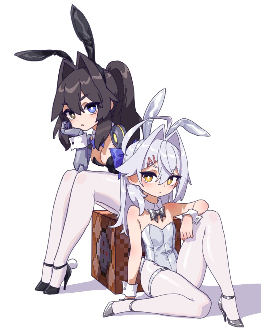 2girls, ahoge, animal_ears, bare_shoulders, black_hair, black_leotard, black_shoes, blue_bow, blue_bowtie, blue_eyes, blush, bow, bowtie, box, breasts, brown_eyes, cleavage, collar, command_block, d'orsay_heels, fake_animal_ears, grey_bow, grey_bowtie, grey_shoes, hand_on_own_cheek, hand_on_own_face, heterochromia, high_heels, highres, large_breasts, leotard, long_hair, looking_at_viewer, minecraft, multiple_girls, original, pantyhose, playboy_bunny, prosthesis, prosthetic_arm, rabbit_ears, shoes, sitting, small_breasts, stank, strappy_heels, thigh_strap, white_collar, white_hair, white_leotard, white_pantyhose, white_wrist_cuffs, wrist_cuffs, yellow_eyes