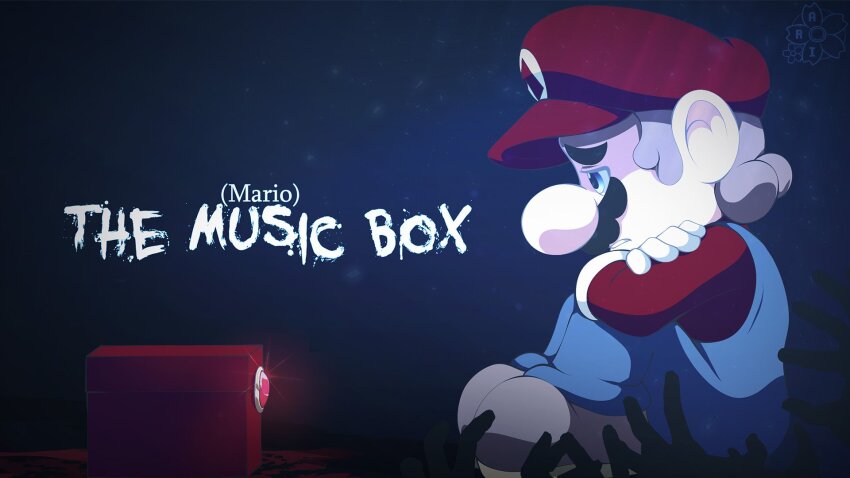 1boy, artist_name, large_nose, blue_eyes, blue_overalls, character_name, commentary, corpsesyndrome, english_commentary, facial_hair, from_side, full_body, gloves, hat, highres, mario, mario_the_music_box, music_box, mustache, on_ground, overalls, red_hat, red_shirt, shirt, sitting, solo, white_gloves