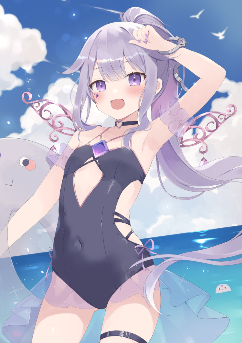 1girl, arm_up, bird, black_choker, black_one-piece_swimsuit, blue_sky, breasts, chest_jewel
