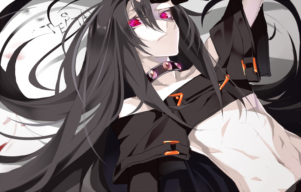 1boy, androgynous, arc_system_works, bad_id, bad_pixiv_id, bare_shoulders, black_hair, buckle, choker, collarbone, guilty_gear, hand_in_own_hair, hoe-l, long_hair, looking_at_viewer, lying, male_focus, midriff, navel, on_back, red_eyes, ribs, solo, testament_(guilty_gear), very_long_hair