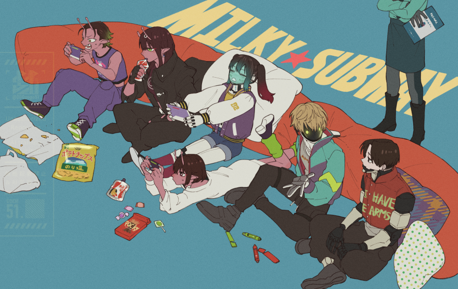 000gogo51, 3boys, 4girls, antennae, bag_of_chips, blonde_hair, brown_hair, candy