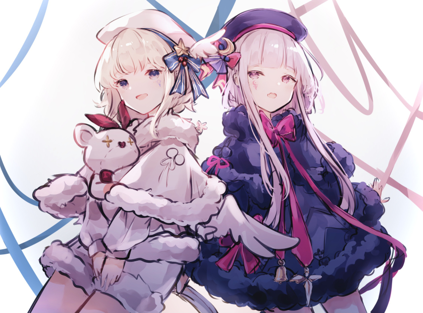 2girls, :d, arcaea, beret, black_capelet, black_coat, black_dress, black_hat, black_shoes, black_wings, blonde_hair, blue_eyes, capelet, christmas, coat, crescent, crescent_facial_mark, dress, eto_(arcaea), eto_(winter)_(arcaea), facial_mark, fangs, frilled_thighhighs, frills, hat, hat_ornament, high_heels, highres, hugging_doll, hugging_object, interlocked_fingers, long_sleeves, looking_at_viewer, luna_(arcaea), luna_(winter)_(arcaea), miyu_(miy_u1308), moon_(symbol), multiple_girls, one_eye_closed, open_mouth, pantyhose, purple_eyes, purple_hair, purple_pantyhose, shoes, shorts, siblings, sketch, smile, standing, star_(symbol), stuffed_animal, stuffed_toy, thighhighs, transparent_background, twins, white_capelet, white_coat, white_shorts, white_wings, wings, zettai_ryouiki