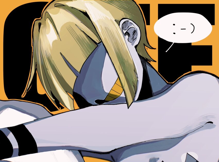 1girl, 3egko, blonde_hair, blunt_bangs, commentary, copyright_name, english_text, grin