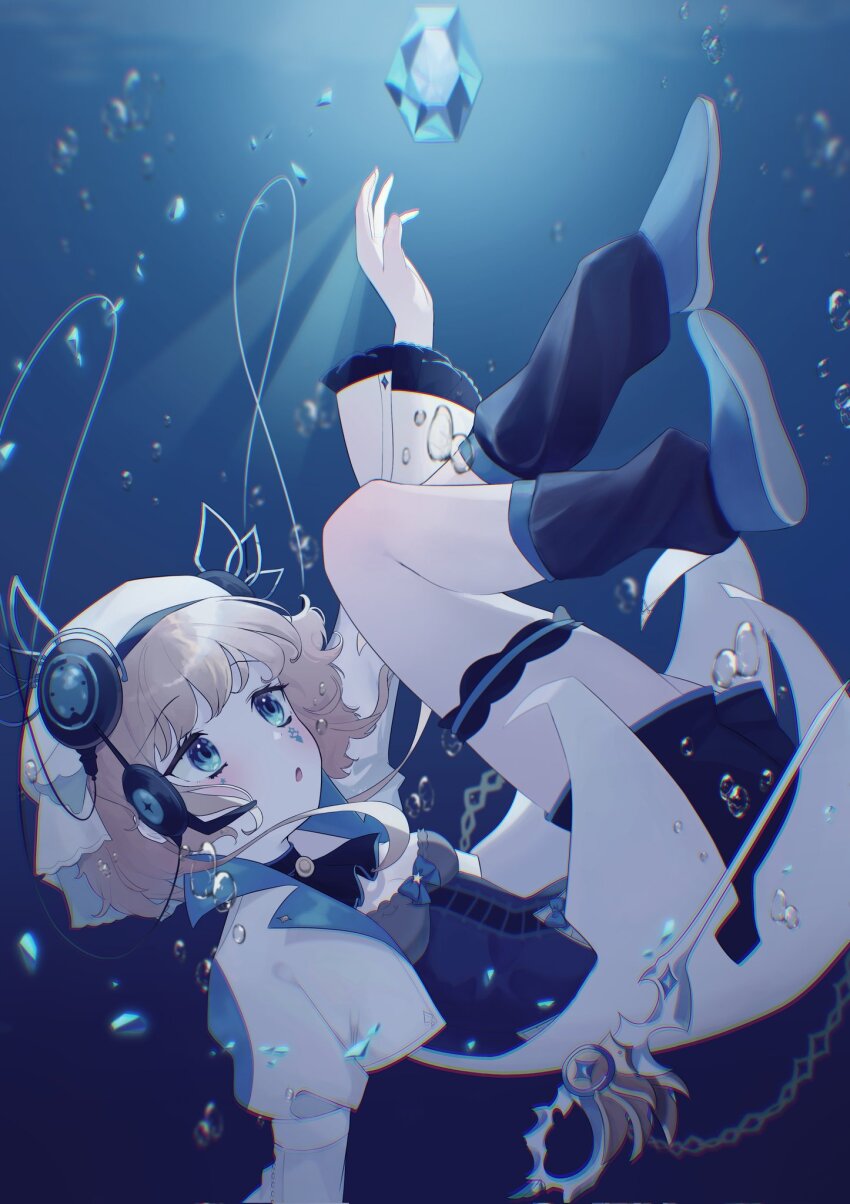 :o, arcaea, beret, black_boots, black_shoes, black_shorts, blonde_hair, blue_bow