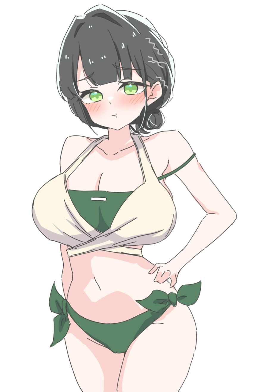 1girl, :t, bare_shoulders, bikini, blush, breasts, cleavage, collarbone