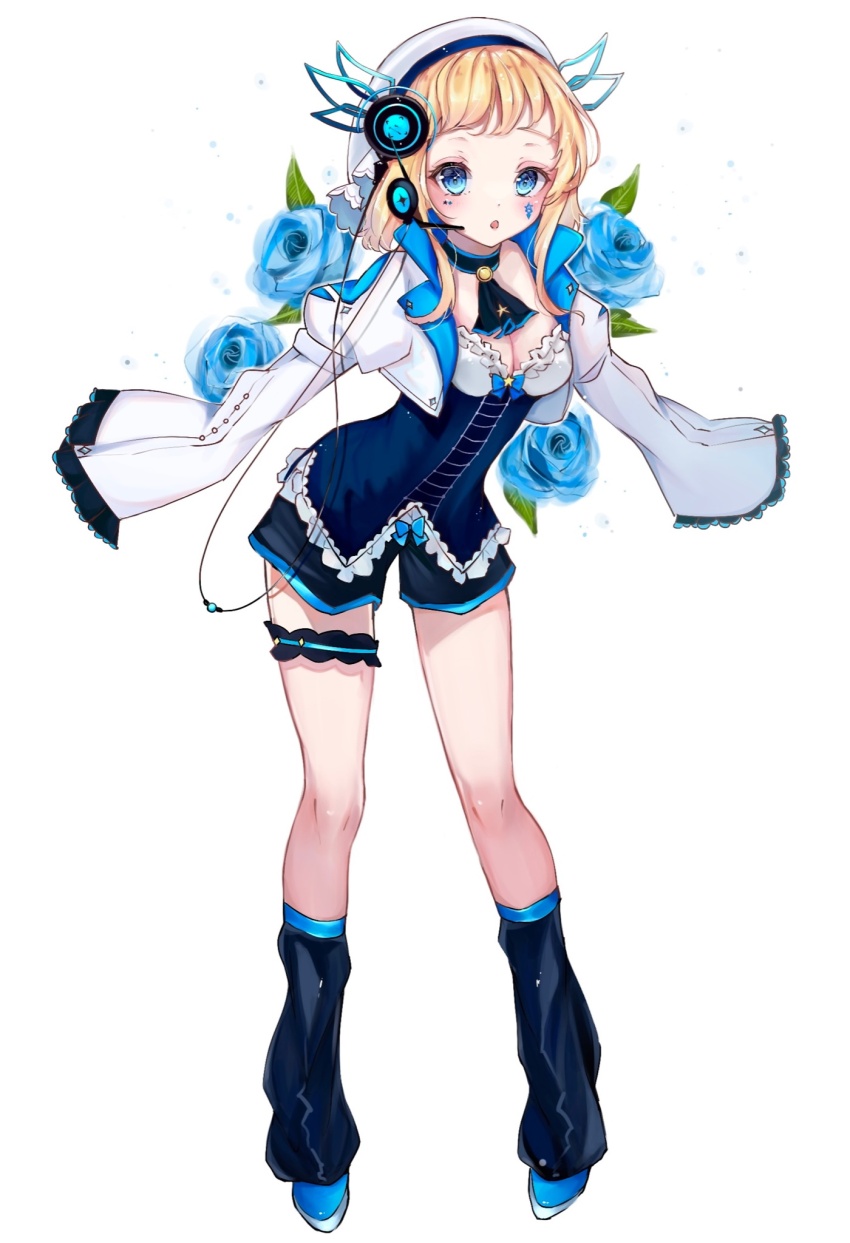 1girl, arcaea, beret, black_boots, black_shoes, black_shorts, blonde_hair, blue_bow