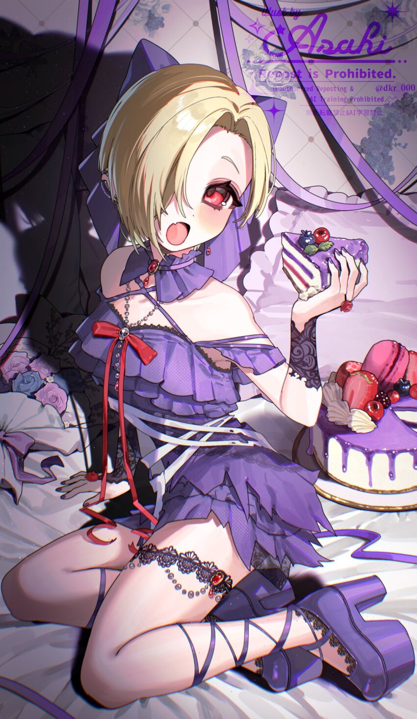 1girl, ankle_lace-up, arm_support, bare_shoulders, blonde_hair, blush, bouquet, bow