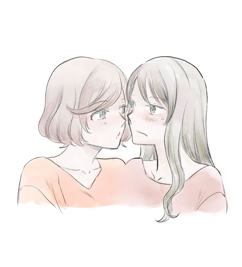 2girls, akiyama_haru, blush, bob_cut, brown_hair, closed_mouth, commentary_request, cropped_torso