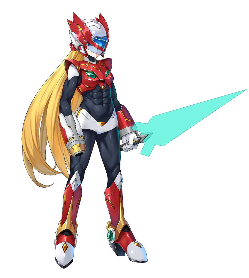 1girl, abs, arm_cannon, armor, armored_boots, armored_gloves, assault_visor, biometal