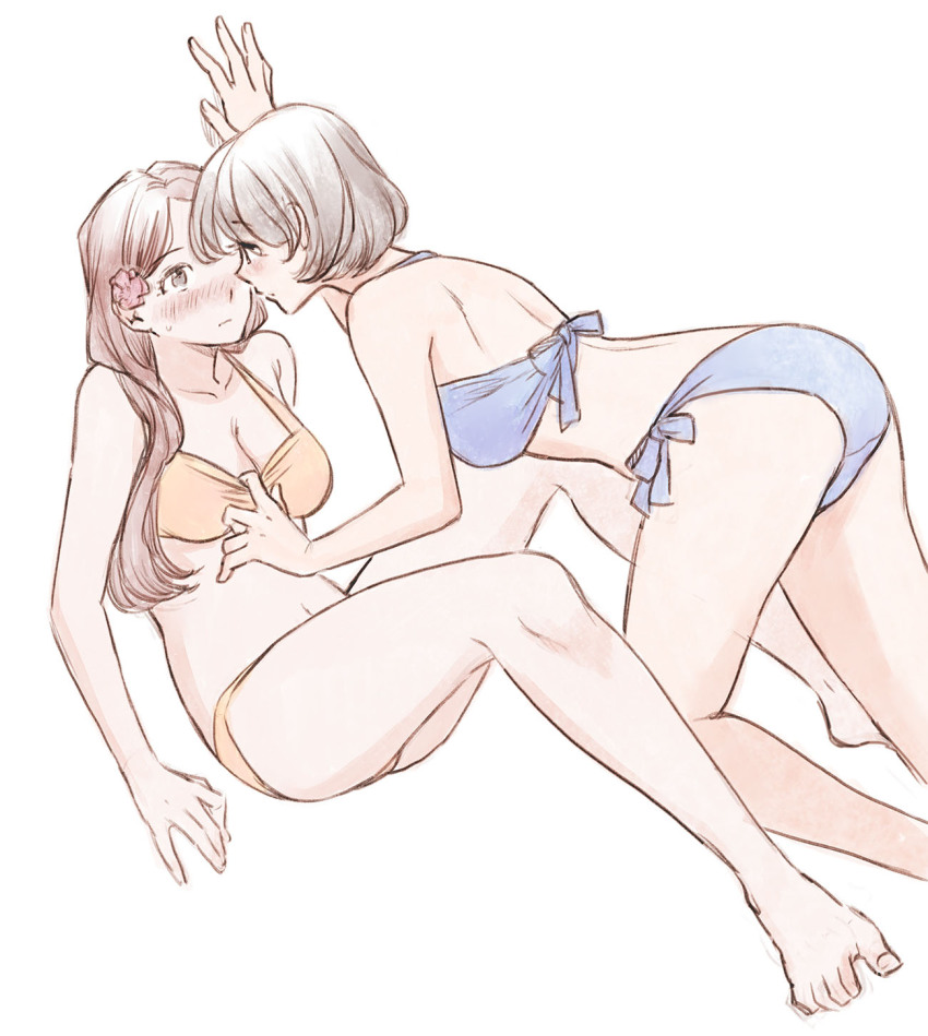 2girls, akiyama_haru, ass, barefoot, bikini, bikini_pull, blue_bikini, blush, bob_cut, closed_mouth, clothes_pull, commentary_request, couple, eye_contact, girl_on_top, hair_over_shoulder, highres, long_hair, looking_at_another, multiple_girls, navel, nose_blush, orange_bikini, original, pulling_another's_clothes, reclining, short_hair, simple_background, stomach, sweatdrop, swimsuit, white_background, yuri