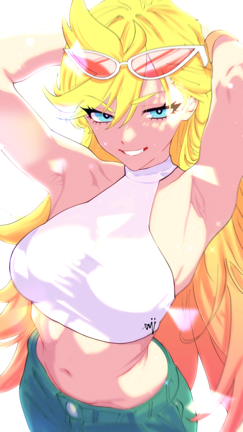 1girl, absurdres, armpits, arms_behind_head, blonde_hair, blue_eyes, breasts, cargo_pants, crop_top, eyewear_on_head, gradient_hair, gradius_(talktocreatures), halterneck, highres, large_breasts, long_hair, looking_at_viewer, midriff, multicolored_hair, naughty_face, navel, official_alternate_costume, pants, panty_&amp;_stocking_with_garterbelt, panty_(psg), presenting_armpit, smile, stomach, sunglasses