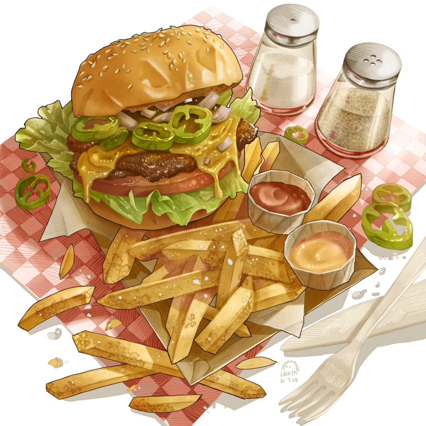 absurdres, bread, bread_bun, burger, cheese, chili_pepper, fast_food, food