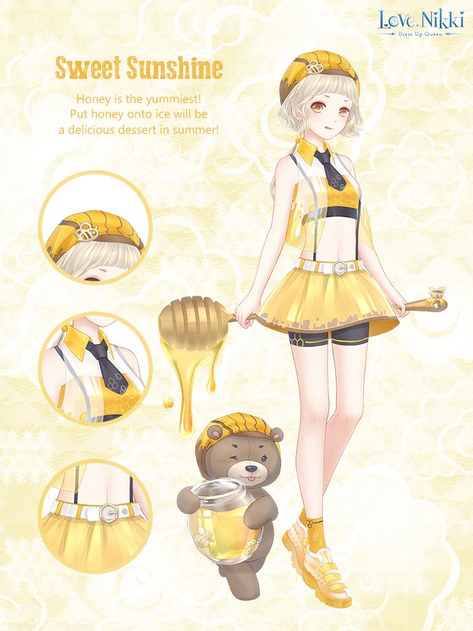 1girl, :d, artist_request, bare_arms, bare_legs, bare_shoulders, beanie, bee, bee_hat_ornament, belt, belt_buckle, black_necktie, black_shorts, blonde_hair, blunt_bangs, buckle, bug, character_name, close-up, closed_mouth, copyright_name, crop_top, detached_collar, dot_nose, dripping, english_text, floral_background, full_body, happy, hat, hat_ornament, holding, holding_behind_back, holding_jar, honey, honey_dipper, honeycomb_(pattern), insect, jar, light_blush, logo, midriff, miniskirt, miracle_nikki, navel, necktie, nikki_(series), official_art, open_clothes, open_mouth, open_vest, pleated_skirt, see-through_vest, shirt, shoes, short_hair, shorts, shorts_under_skirt, skirt, smile, sneakers, socks, solo, standing, strapless, strapless_shirt, striped_clothes, striped_headwear, stuffed_animal, stuffed_toy, suspender_skirt, suspenders, sweet_sunshine_(miracle_nikki), teddy_bear, tongue, tongue_out, two-tone_vest, vertical-striped_clothes, vertical-striped_headwear, vest, white_belt, white_socks, white_vest, yellow_background, yellow_collar, yellow_eyes, yellow_hat, yellow_shirt, yellow_skirt, yellow_socks, yellow_vest