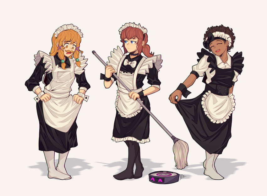 3girls, :/, a_hat_in_time, absurdres, aged_up, alternate_costume, apron, black_apron, black_bow, black_choker, black_hairband, black_pantyhose, black_shirt, black_skirt, black_wrist_cuffs, blonde_facial_hair, blonde_hair, blue_eyes, bow, bow_hairband, bow_kid, bowtie, brown_hair, buttoned_cuffs, buttons, choker, closed_eyes, closed_mouth, collared_shirt, curly_hair, dark-skinned_female, dark_skin, facial_hair, frilled_apron, frilled_hairband, frilled_skirt, frills, fujimna, hair_ornament, hair_tie, hairband, hand_on_skirt, hat_kid, highres, holding, holding_apron, holding_mop, long_hair, long_sleeves, looking_at_another, looking_down, maid, maid_apron, mop, motion_lines, multiple_girls, mustache, mustache_girl, open_mouth, pantyhose, ponytail, robotic_vacuum_cleaner, rumbi_(a_hat_in_time), shadow, shirt, short_sleeves, sidelocks, skirt, smile, teeth, upper_teeth_only, white_apron, white_bow, white_bowtie, white_hairband, white_pantyhose, white_shirt, white_wrist_cuffs, wrist_cuffs, yellow_eyes