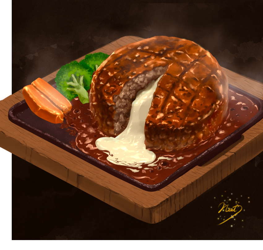 artist_name, broccoli, carrot_slice, commentary_request, food, food_focus, hamburger_steak, highres