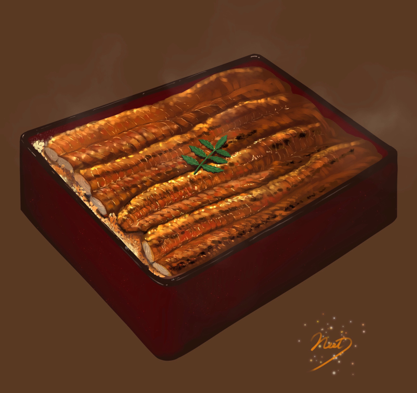 artist_name, brown_background, commentary_request, fish_(food), food, food_focus, grilled_eel, highres