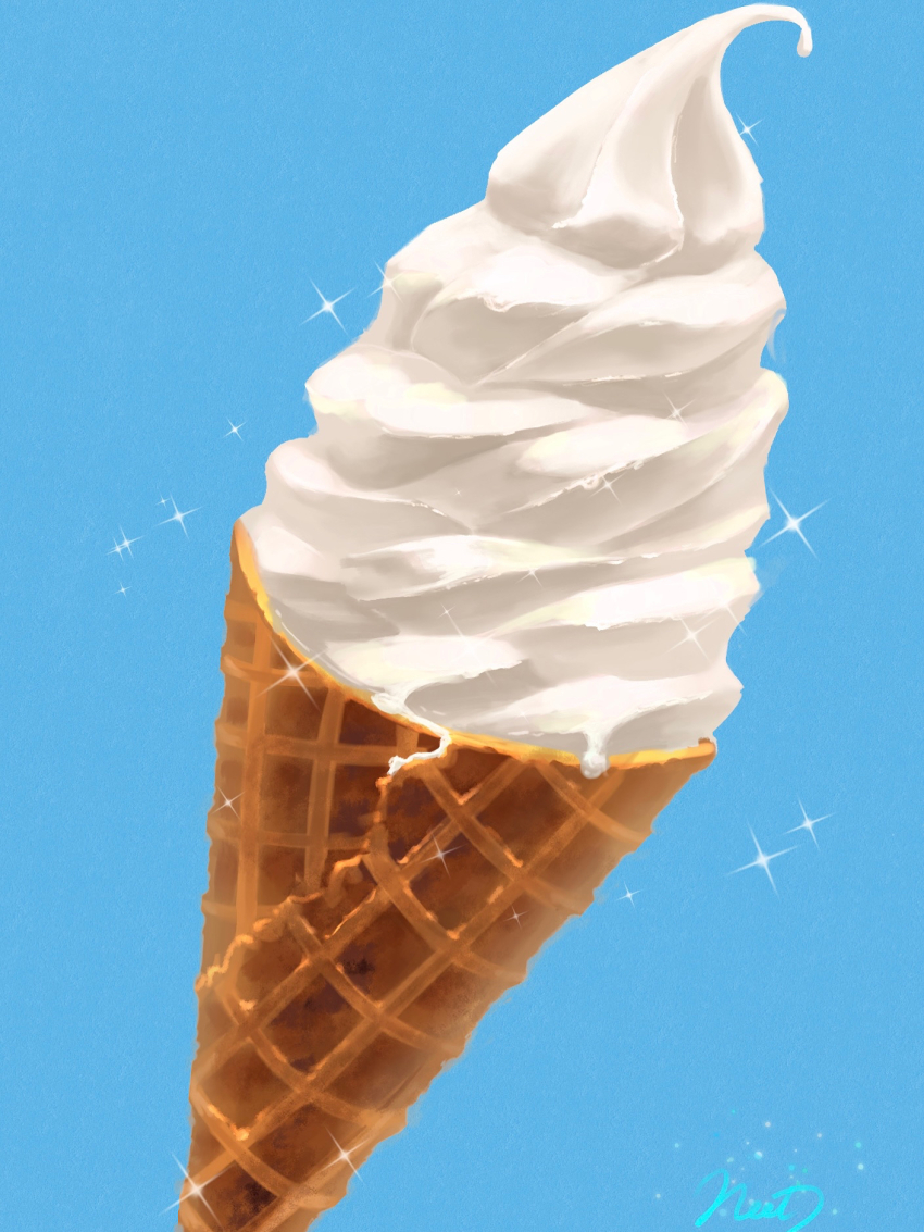 artist_name, blue_background, commentary_request, food, food_focus, highres, ice_cream, ice_cream_cone, neet_job, no_humans, original, soft_serve, sparkle, waffle_cone