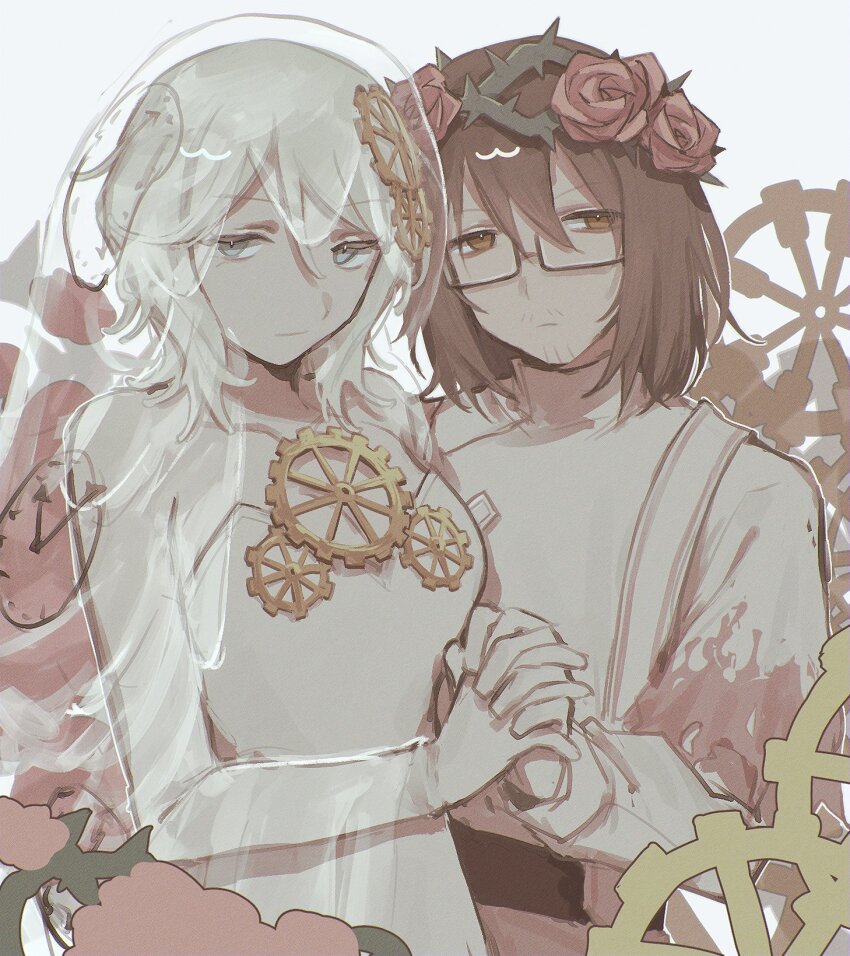 1boy, 1girl, blue_eyes, bridal_veil, brown_eyes, brown_hair, clock_hair_ornament, clock_print