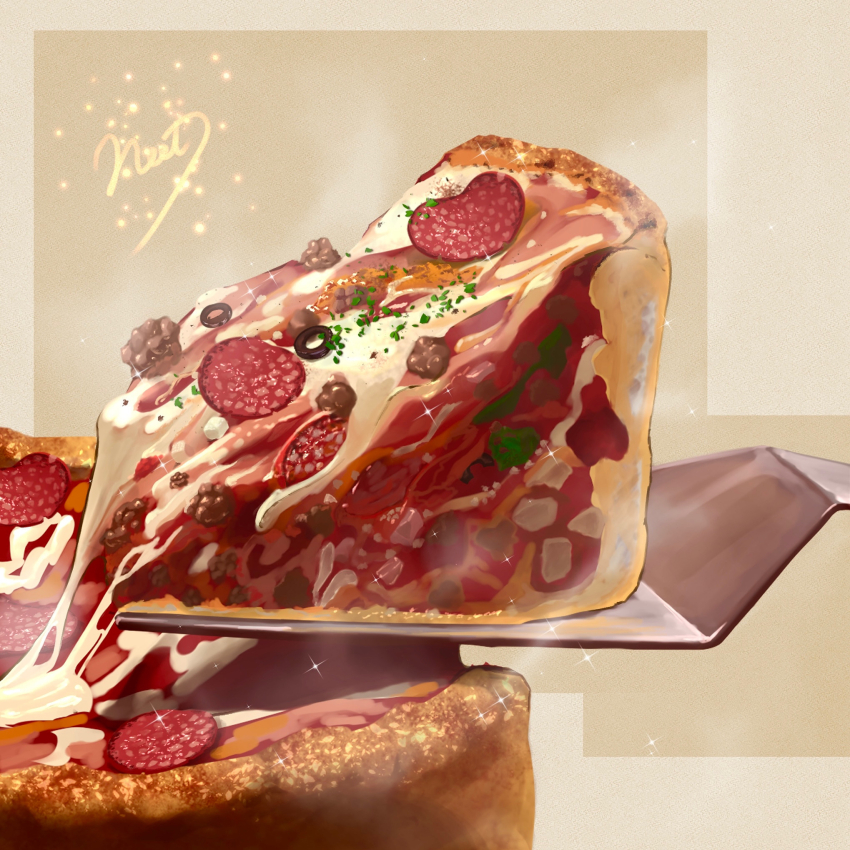 artist_name, cheese, chicago_deep_dish_pizza, commentary_request, food, food_focus, highres, meat, neet_job, no_humans, original, pepperoni, pizza, sausage, steaming_food