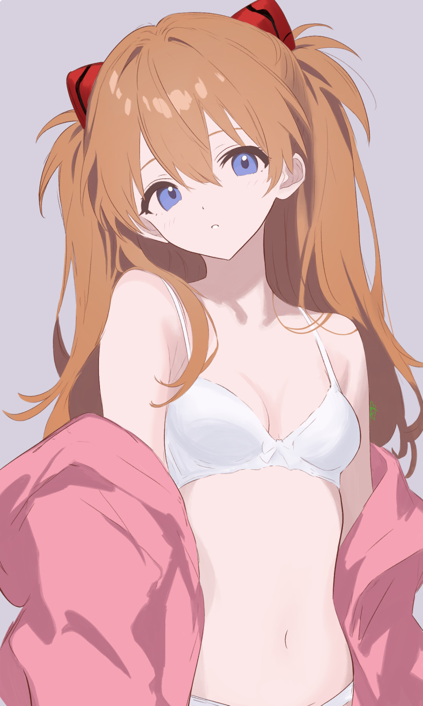 1girl, :o, blue_eyes, bow, bra, breasts, brown_hair, hair_between_eyes, hair_intakes, highres, long_hair, looking_at_viewer, navel, neon_genesis_evangelion, noire_neige, off_shoulder, open_clothes, open_mouth, panties, small_breasts, solo, souryuu_asuka_langley, underwear
