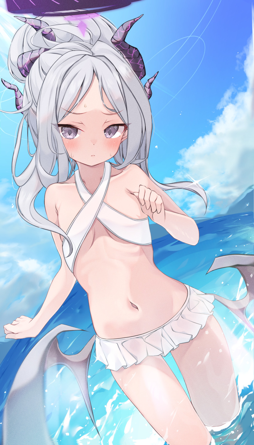 1girl, absurdres, ahoge, alternate_costume, alternate_hairstyle, bare_shoulders, bikini, black_halo