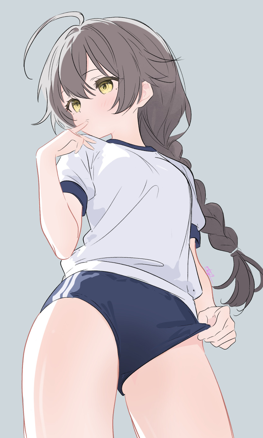 1girl, ahoge, blush, braid, braided_ponytail, brown_hair, buruma, clothes_pull