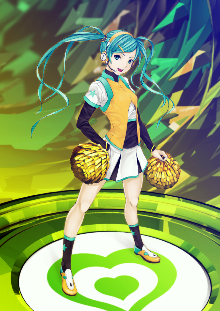 1girl, alternate_costume, aqua_eyes, aqua_hair, cheerleader, female_focus, hair_ornament, hairclip, hatsune_miku, headset, highres, kanden, long_hair, pom_pom_(cheerleading), skirt, smile, solo, turtleneck, twintails, vocaloid