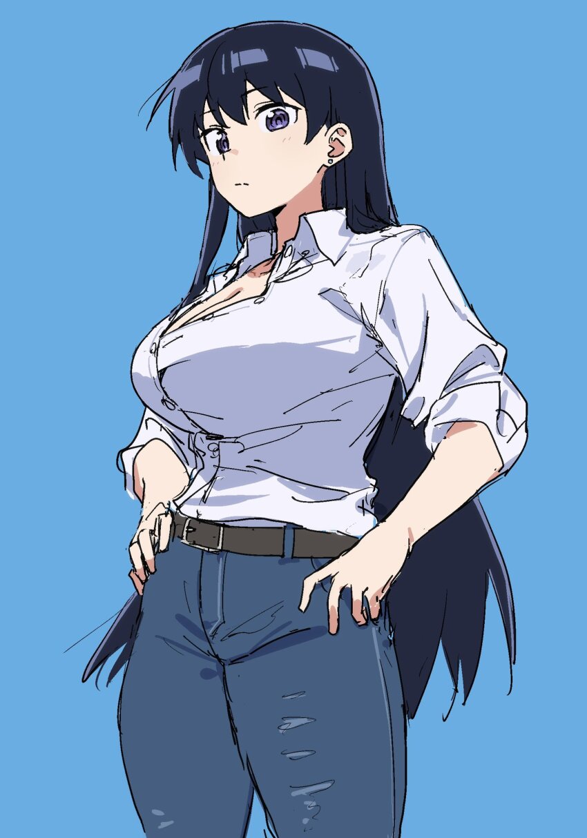 1girl, arato_nagi, belt, black_belt, black_hair, blue_background, blue_pants, breasts, cleavage, collared_shirt, cowboy_shot, denim, dress_shirt, earrings, hands_on_own_hips, highres, jeans, jewelry, large_breasts, light_frown, long_hair, looking_at_viewer, matarasu_(aaaaaaaaj), pants, purple_eyes, ruri_no_houseki, shirt, simple_background, sketch, sleeves_rolled_up, solo, stud_earrings, very_long_hair, white_shirt