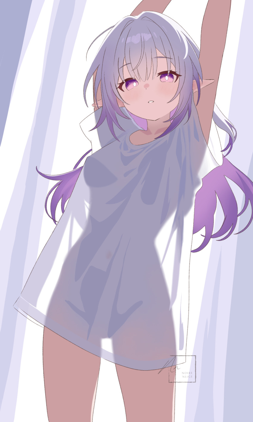 1girl, blush, breasts, castorice_(honkai:_star_rail), curtains, dot_nose, elf, hair_intakes, hands_up, highres, honkai:_star_rail, honkai_(series), long_hair, looking_at_viewer, medium_breasts, multicolored_hair, navel, noire_neige, open_mouth, pointy_ears, purple_eyes, purple_hair, see-through_clothes, shirt, silhouette, solo, stretching, thighs, white_hair, white_shirt