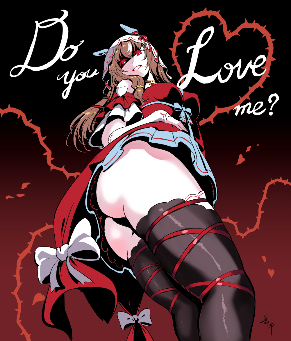 1girl, animal_ears, ass, black_thighhighs, breasts, brown_hair, character_name, commentary_request, dress, evil_smile, from_below, hair_between_eyes, horse_ears, horse_girl, horse_tail, long_hair, looking_at_viewer, looking_back, medium_breasts, off-shoulder_dress, off_shoulder, open_mouth, red_dress, red_eyes, shaded_face, smile, solo, still_in_love_(scarlet_vow_raiment)_(umamusume), still_in_love_(umamusume), tail, thighhighs, umamusume, veil, white_veil, yandere, yue_yin