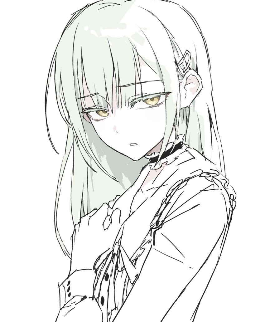 1girl, bang_dream!, bang_dream!_it's_mygo!!!!!, choker, commentary, frilled_choker, frills, green_hair