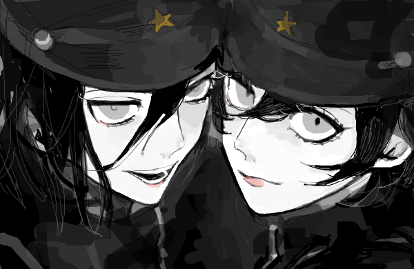 2boys, androgynous, black_hair, black_hat, e223678, gakuseibou, grey_eyes, hair_between_eyes
