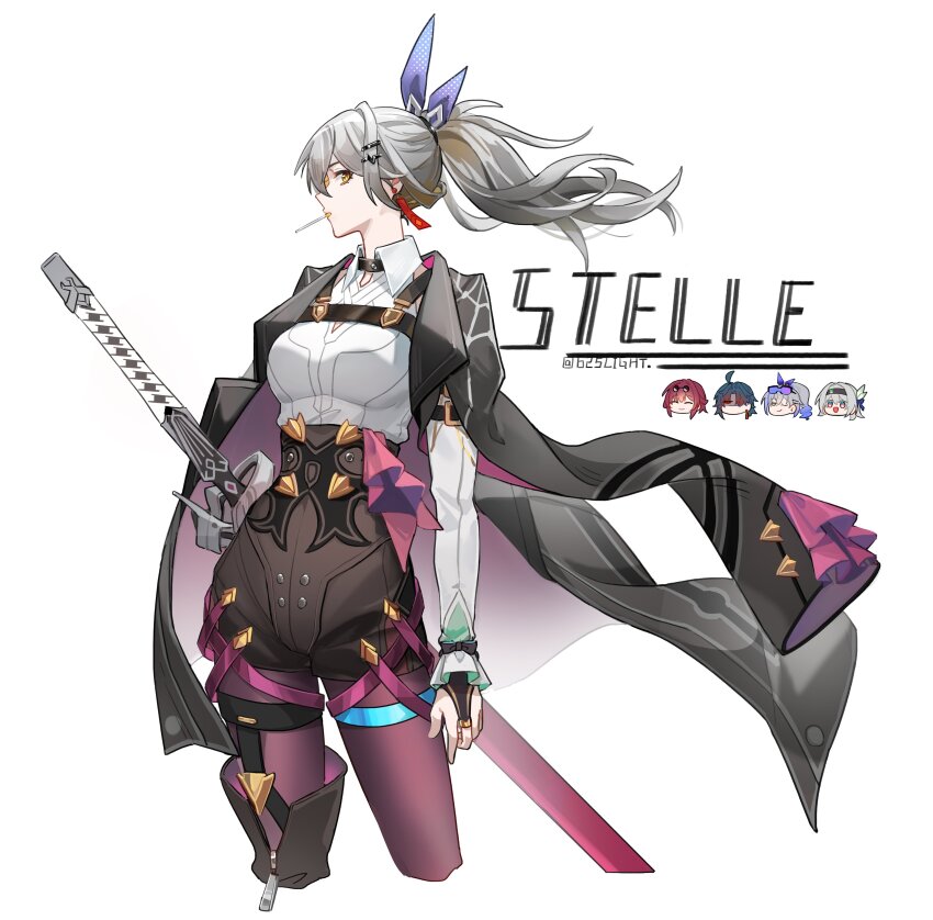 1boy, 4girls, 625light, absurdres, alternate_hairstyle, asymmetrical_legwear, black_shorts, blade_(honkai:_star_rail)