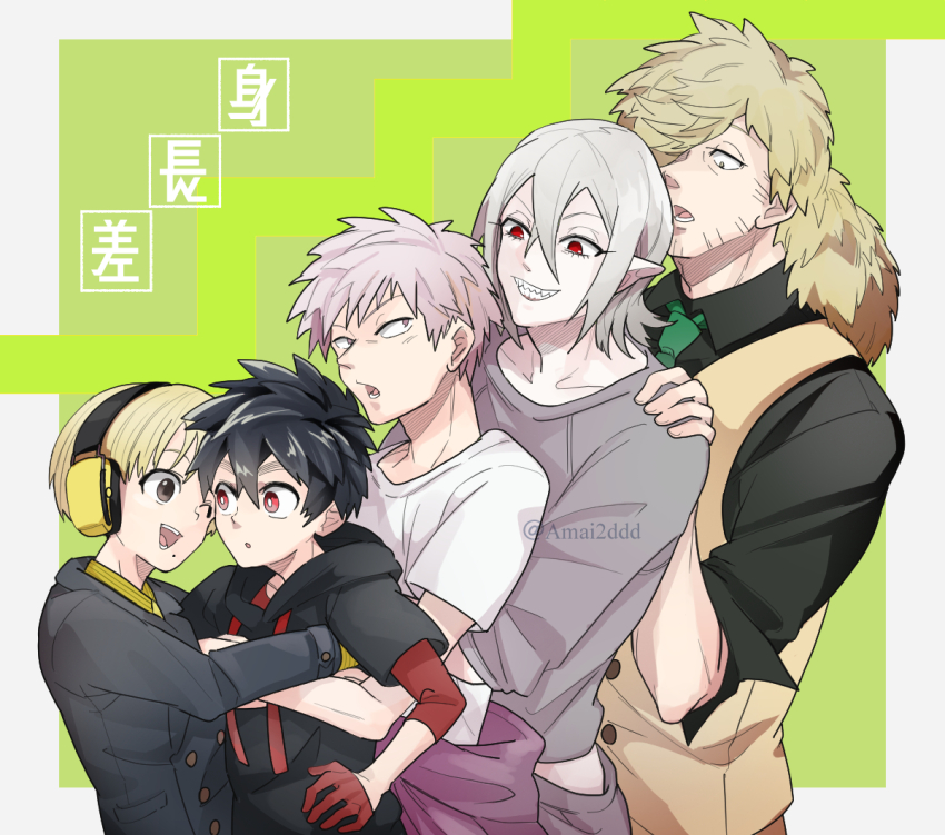 5boys, black_hair, black_shirt, blonde_hair, dabu_(dabuchan), facial_hair, grey_shirt, hair_over_one_eye