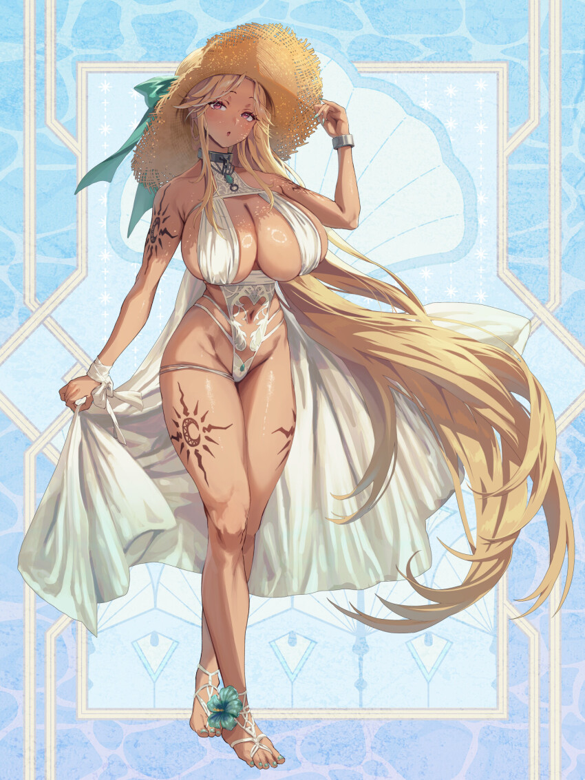 1girl, ankle_flower, bagna_cauda_(root_eden), bare_shoulders, barefoot_sandals_(jewelry), blonde_hair, blush, bracelet, breasts, cleavage, collar, crossed_legs, dark-skinned_female, dark_skin, dress, floral_print, floral_print_bikini, flower, full_body, hat, highres, huge_breasts, jewelry, large_hat, leg_tattoo, long_hair, looking_at_viewer, metal_collar, nail_polish, open_mouth, print_bikini, red_eyes, root_eden, shiny_skin, shoulder_tattoo, solo, straw_hat, sun_hat, tattoo, toenail_polish, toenails, uohei_(tw), very_long_hair, watson_cross, white_dress