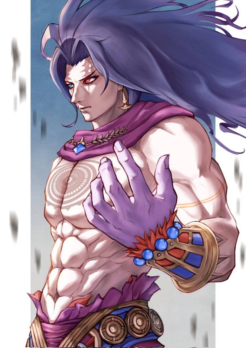 1boy, abs, chaos_frankenstein_(grimms_notes), grimms_notes, hand_up, highres, male_focus, muscular